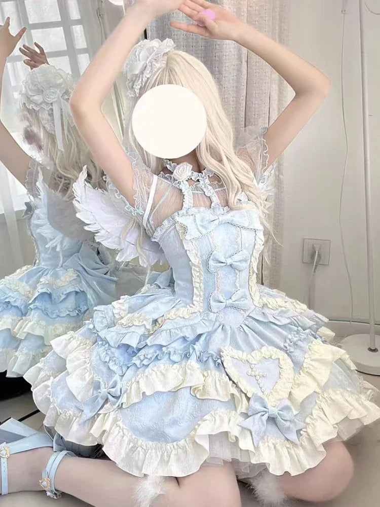 Lovely Kawaii Slash Neck Slim Lolita Dress Women Sweet Design Bow Off Shoulder Sling Dresses Elegant Cute Pretty New Clothing